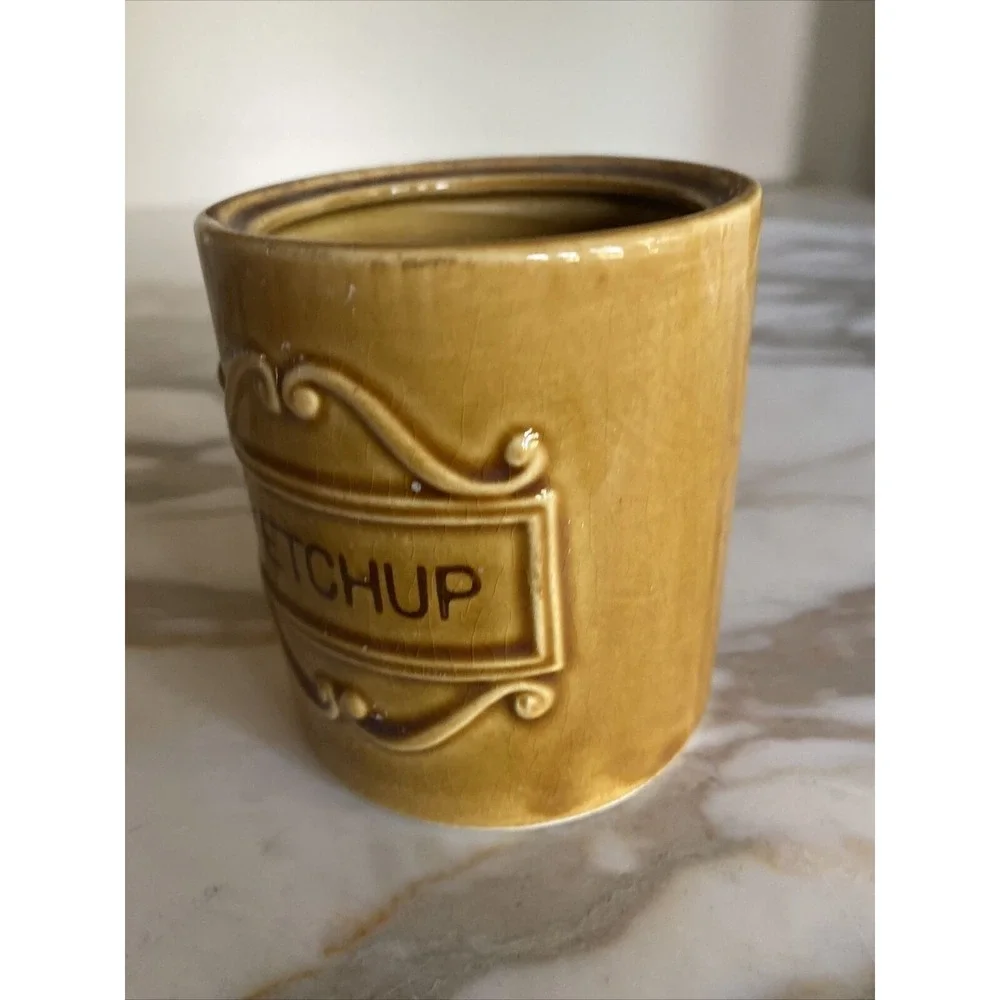 Vintage Brown Stoneware Ketchup Jar With Embossed Design